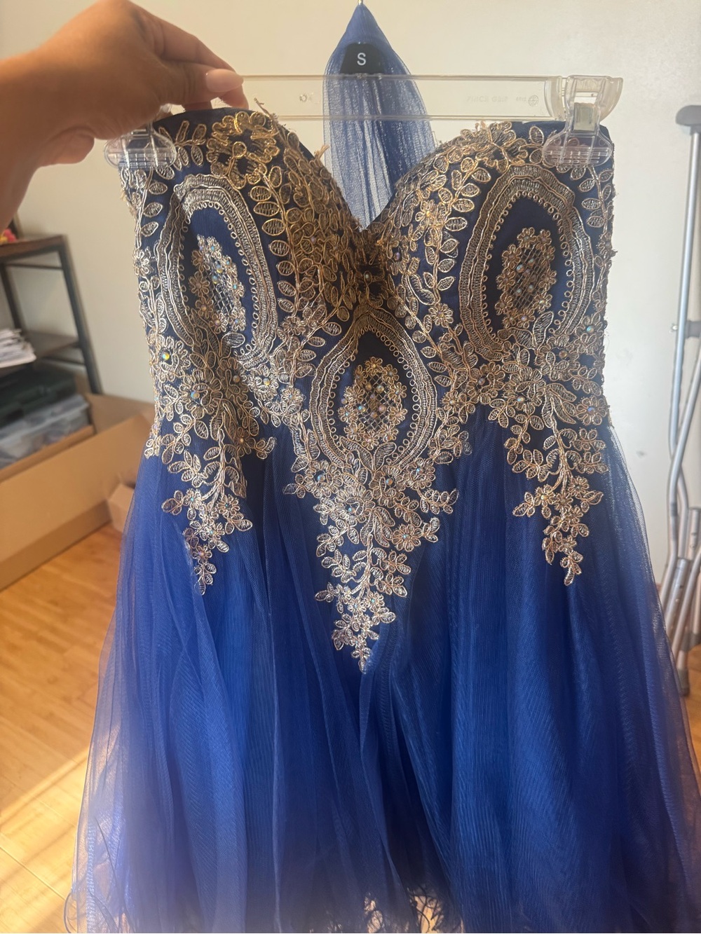 Royal Navy Blue Strapless Prom Dress with Gold Appliqué